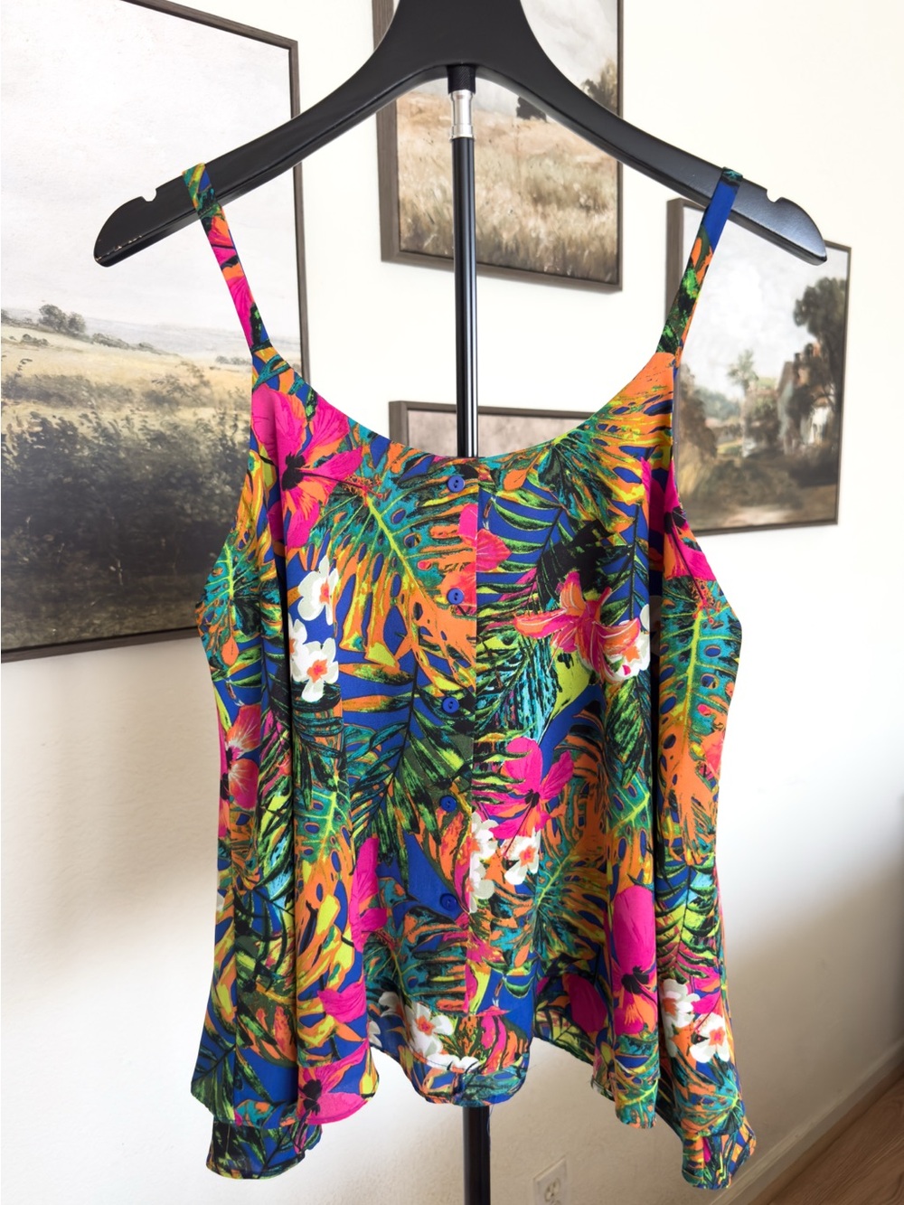 Tropical Floral Print Spaghetti Strap Tank Top - Multicolor